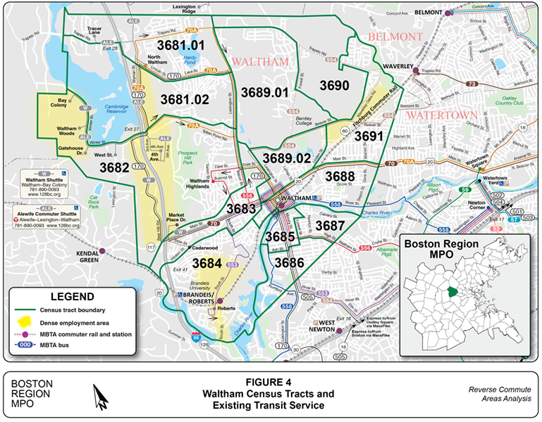Waltham Census Tracts and Existing Transit Service
This figure is a map of Waltham showing census tract boundaries, dense areas of employment, and existing transit service.
Waltham Census Tracts and Existing Transit Service
This figure is a map of Waltham showing census tract boundaries, dense areas of employment, and existing transit service.